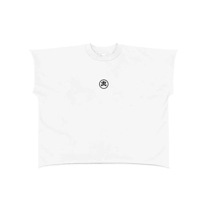 White oversized t-shirt with small black club culture logo on chest, minimalist streetwear