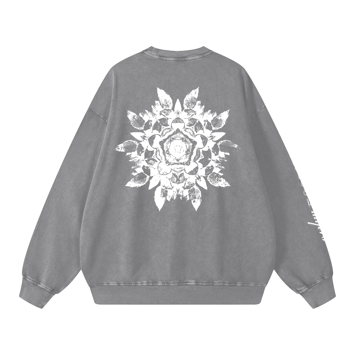 Gray sweatshirt with a white floral design on the back against a white background