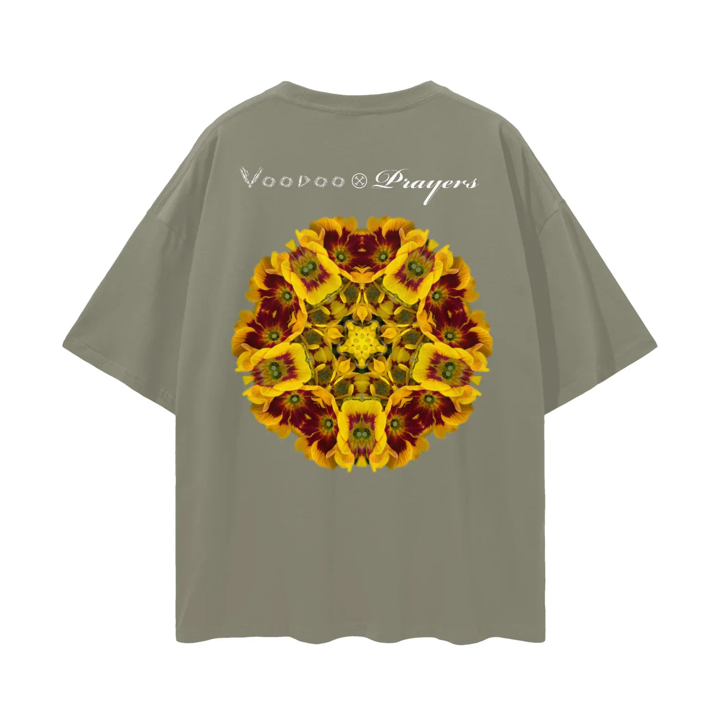 Oversized khaki t-shirt with kaleidoscope yellow and red floral graphic, club culture style