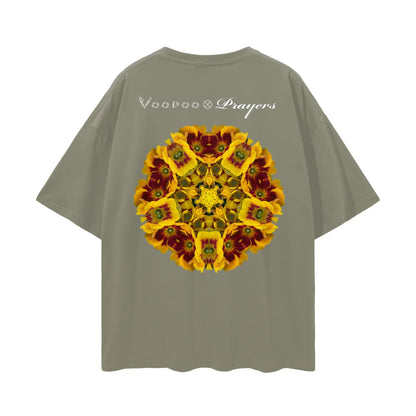 Oversized khaki t-shirt with kaleidoscope yellow and red floral graphic, club culture style