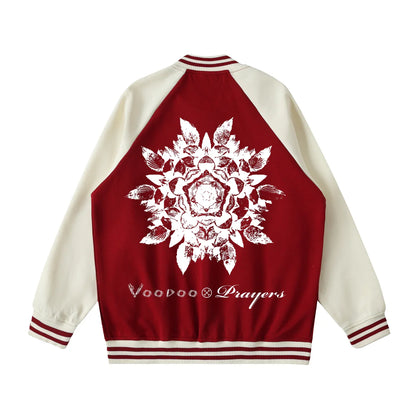 Red and white varsity jacket with large white floral mandala and script on the back