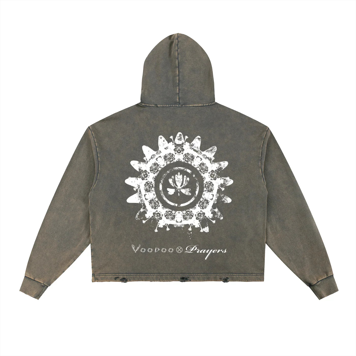 Washed black hoodie with large white mandala and lotus graphic on the back, streetwear style
