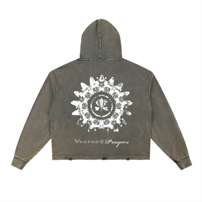 Washed black hoodie with large white mandala and lotus graphic on the back, streetwear style