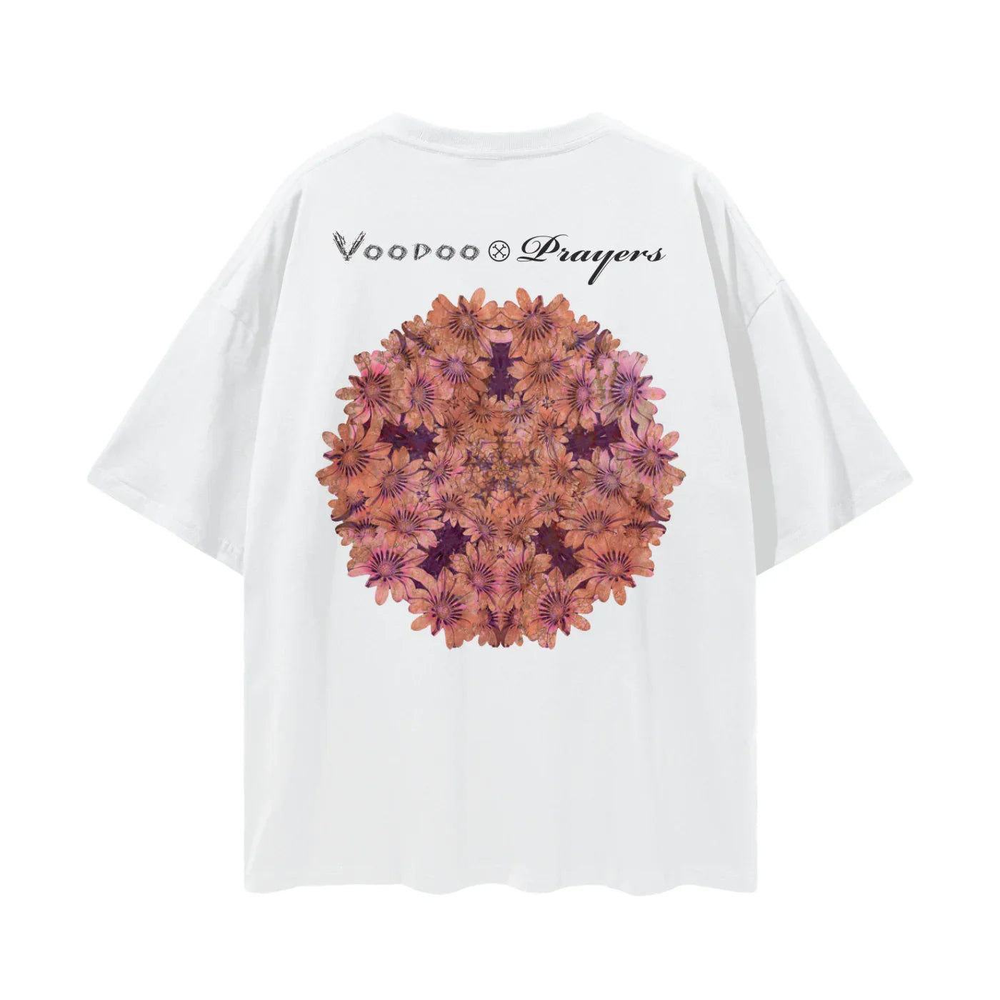 White oversized t-shirt with kaleidoscope floral graphic and Voodoo & Prayers text on back