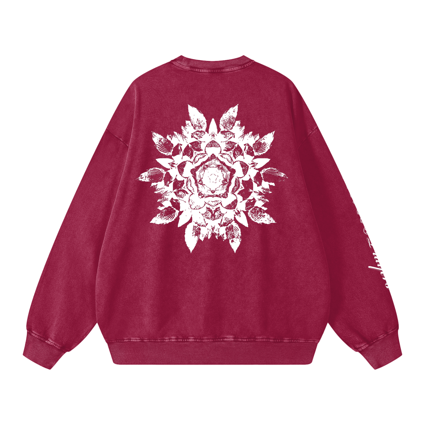 Red sweatshirt with a white floral design on the back against a white background