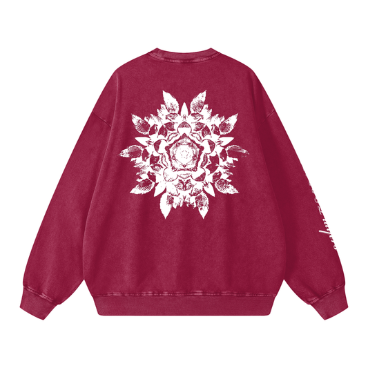 Red sweatshirt with a white floral design on the back against a white background