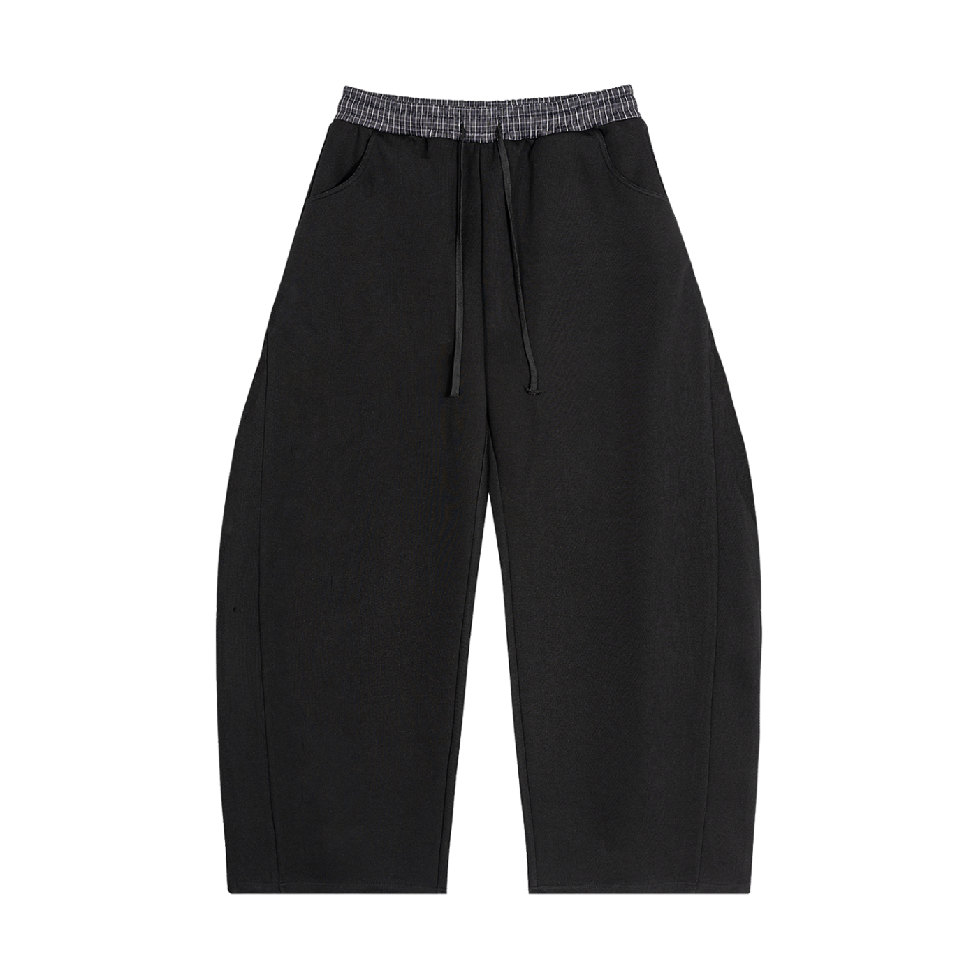 Black pants with plaid waistband on a white background