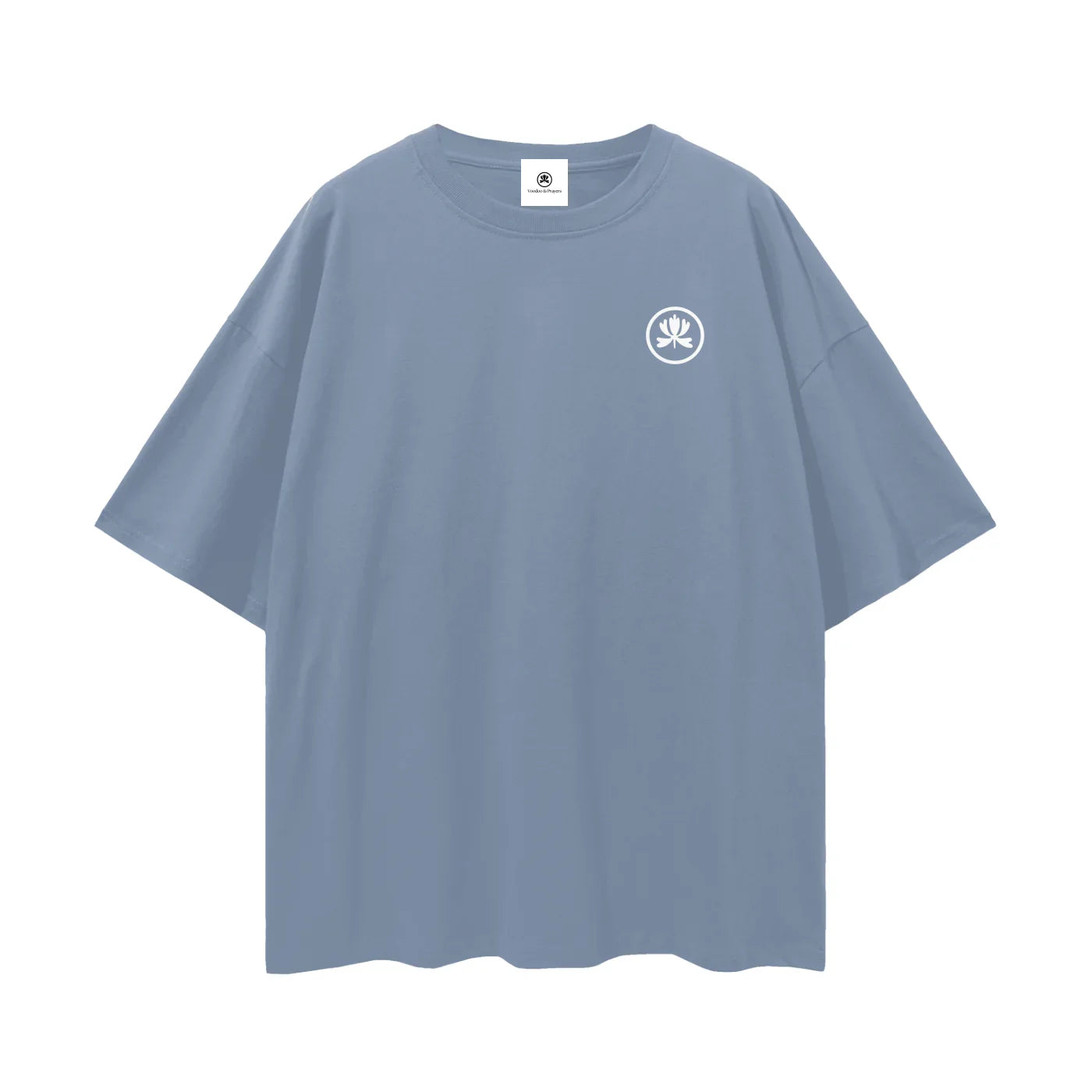 Minimalist blue oversized t-shirt with white spiritual symbol on chest, streetwear style