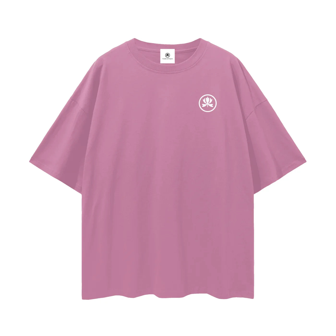 Oversized pink t-shirt with white abstract logo on chest, electronic music streetwear