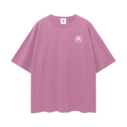 Oversized pink t-shirt with white abstract logo on chest, electronic music streetwear