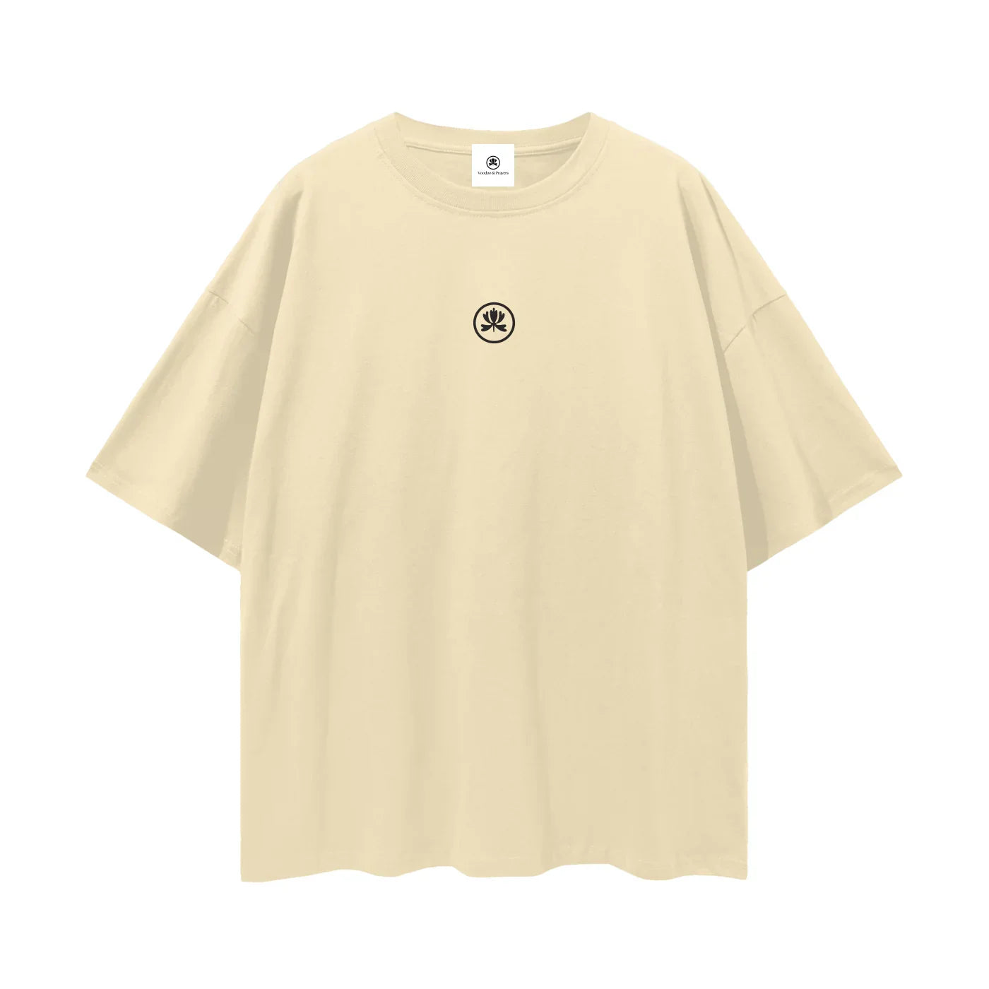 Beige oversized t-shirt with small black graphic symbol on chest, minimalist streetwear style