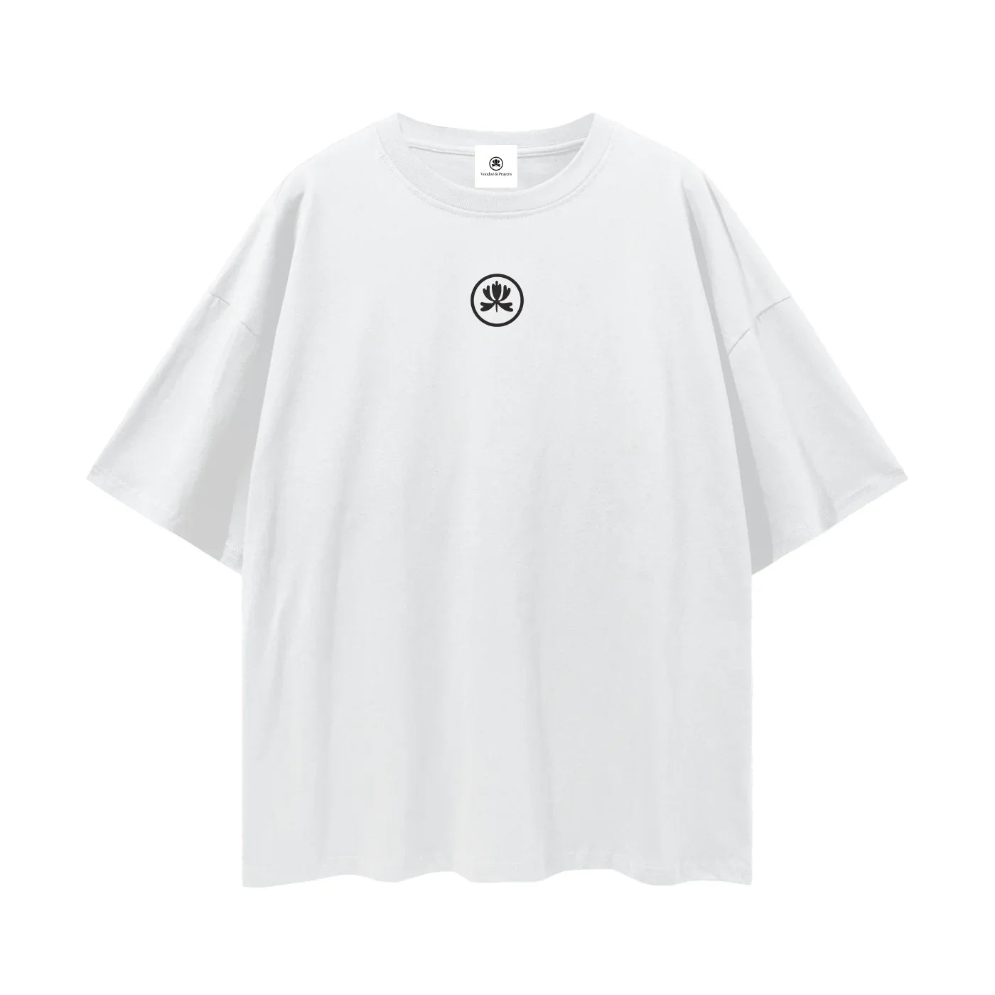 White oversized t-shirt with black minimal hand logo graphic on chest, streetwear style