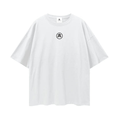 White oversized t-shirt with black minimal hand logo graphic on chest, streetwear style