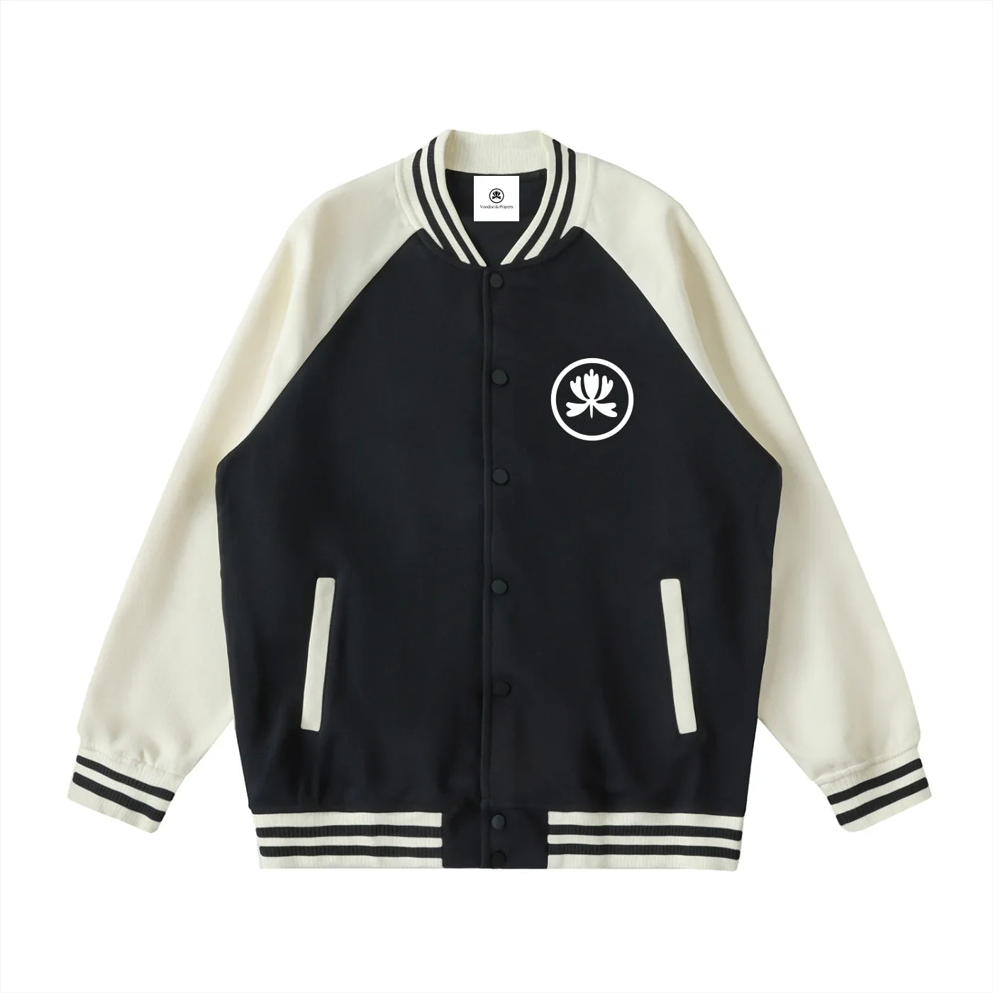 Black and white varsity jacket with lotus flower logo, streetwear-inspired design