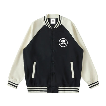 Black and white varsity jacket with lotus flower logo, streetwear-inspired design