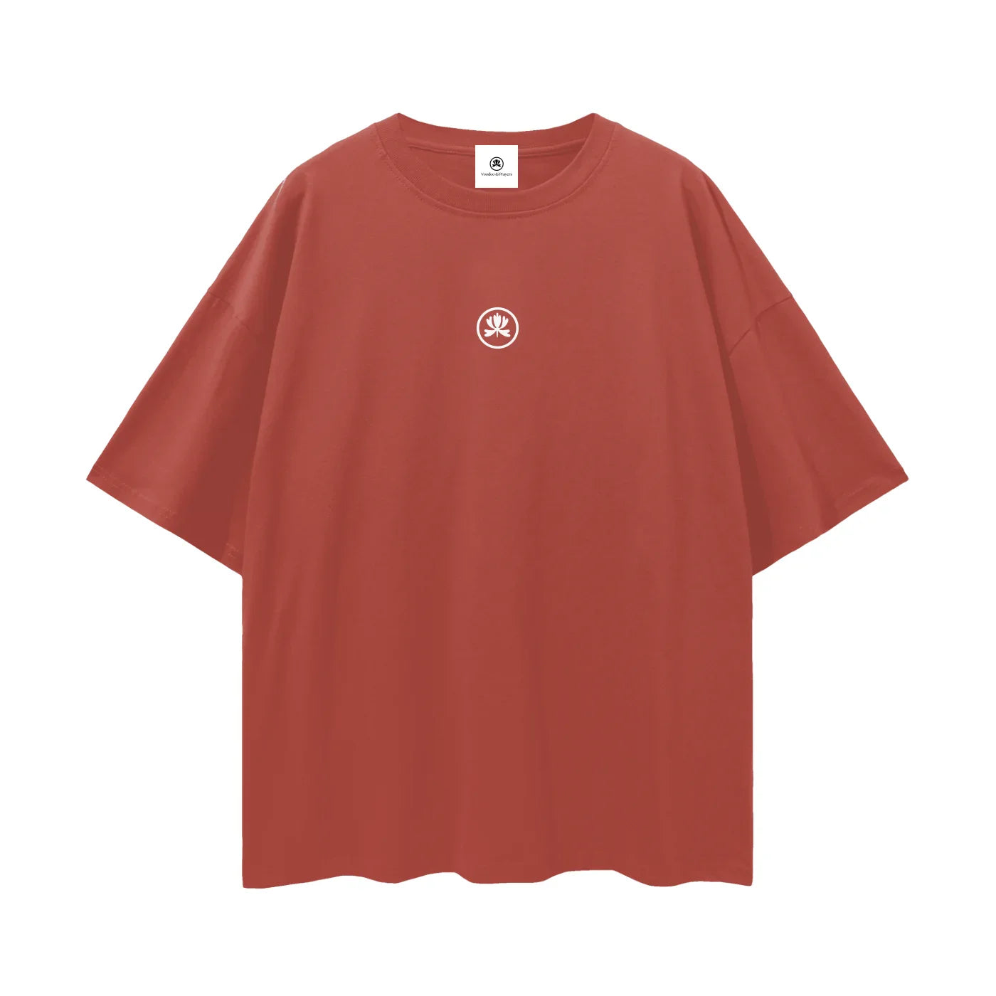 Oversized red t-shirt with small white graphic logo on chest, minimalist streetwear style