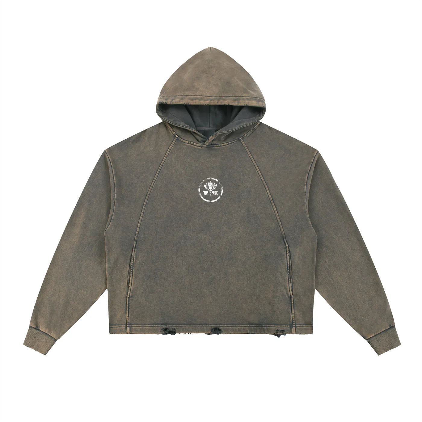 Washed brown cropped hoodie with small white crest graphic on chest, distressed hem.