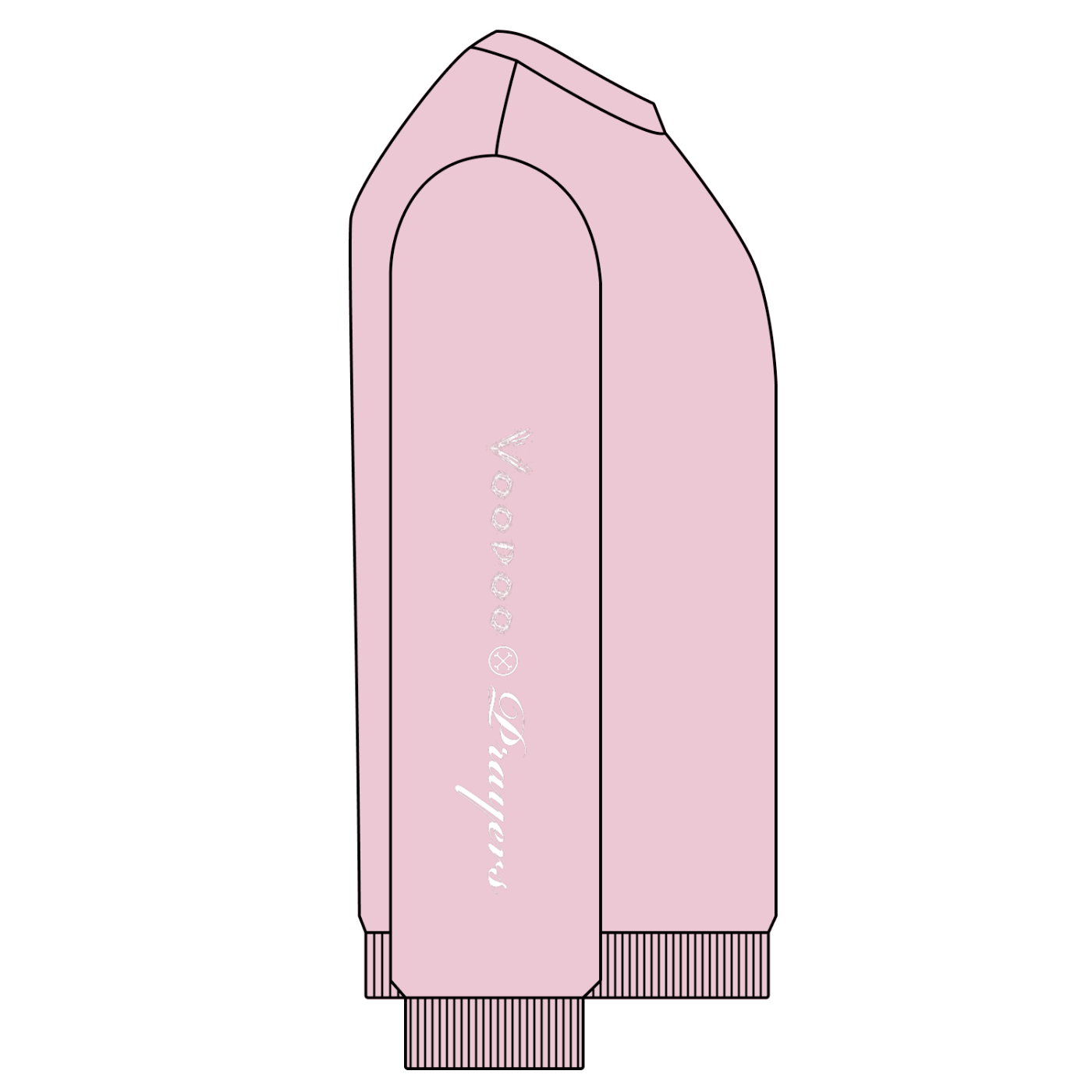 Pink sweatshirt text on arm on a white background
