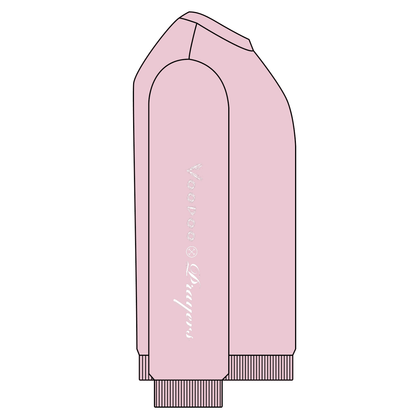 Pink sweatshirt text on arm on a white background