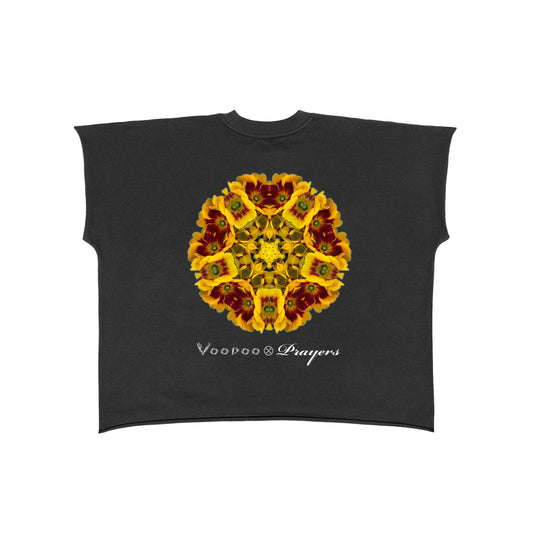 Black oversized t-shirt with yellow floral mandala and white Voodoo Prayers text graphic