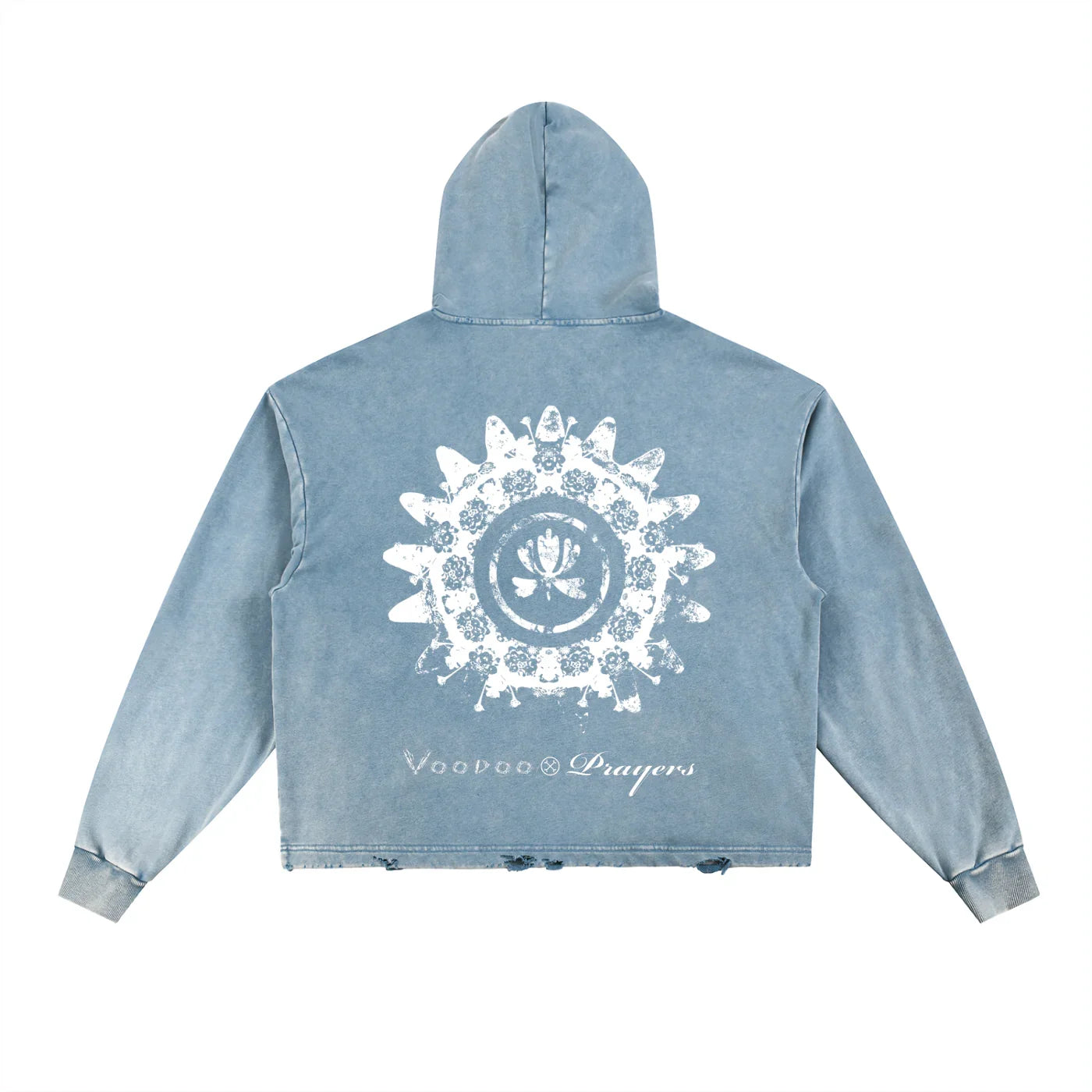 Blue hooded jacket with white distressed mandala graphic and text on the back, streetwear style