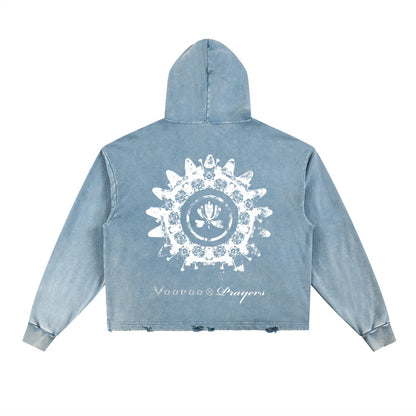 Blue hooded jacket with white distressed mandala graphic and text on the back, streetwear style