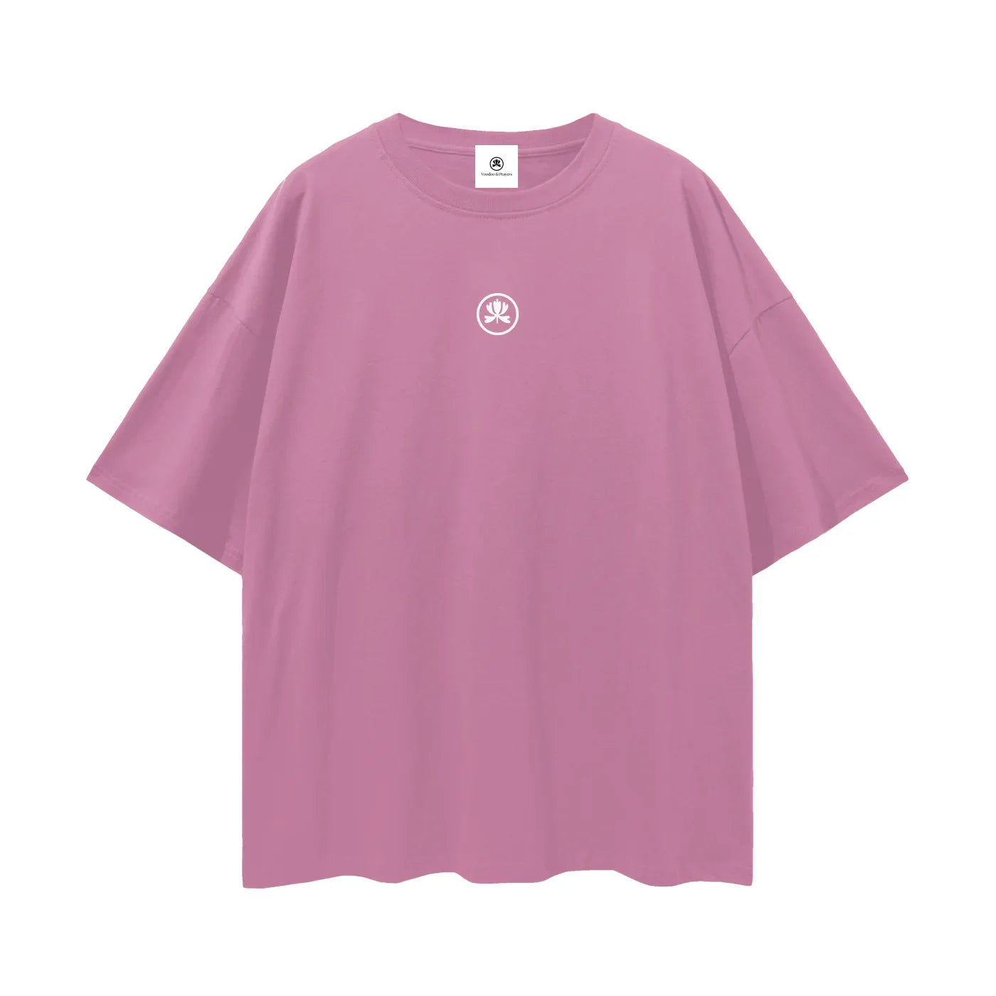 Pink oversized t-shirt with small white graphic logo on chest, streetwear fashion
