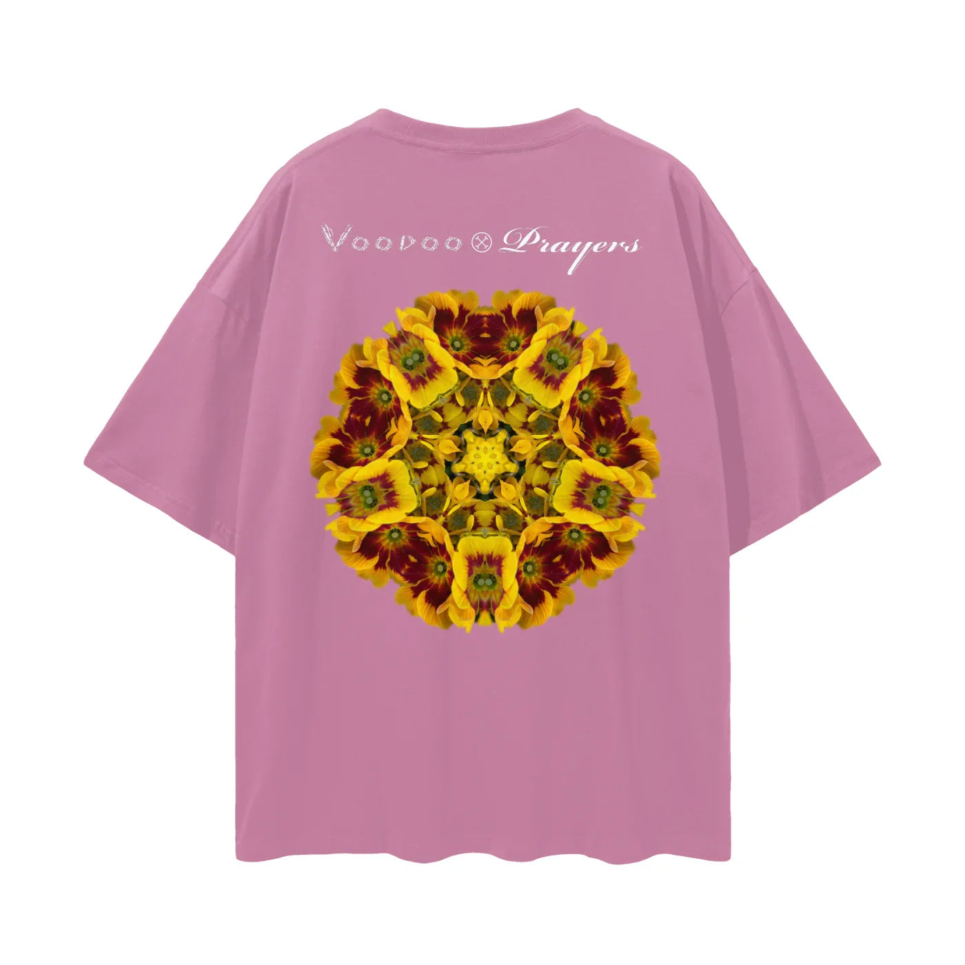 Pink oversized t-shirt with kaleidoscopic yellow flower graphic and white text on back.