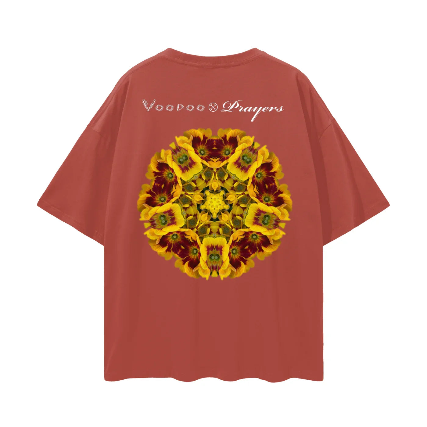 Rust red t-shirt with kaleidoscopic yellow flower graphic and stylized text on back