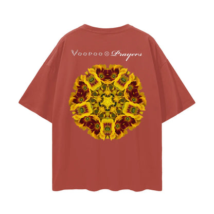 Rust red t-shirt with kaleidoscopic yellow flower graphic and stylized text on back