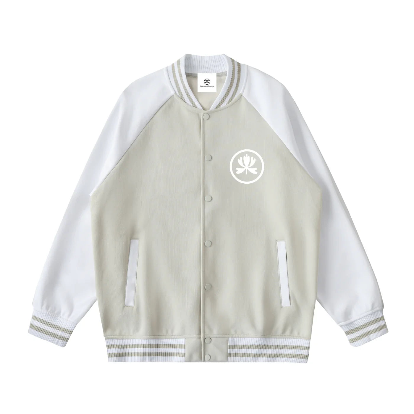 Beige and white varsity jacket with lotus emblem, streetwear outerwear, raglan sleeves