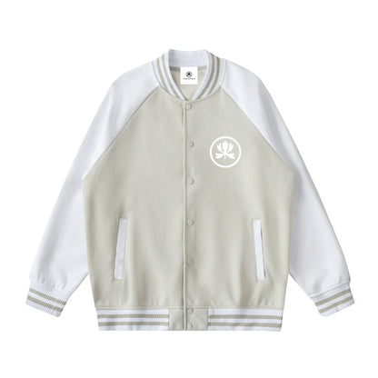 Beige and white varsity jacket with lotus emblem, streetwear outerwear, raglan sleeves