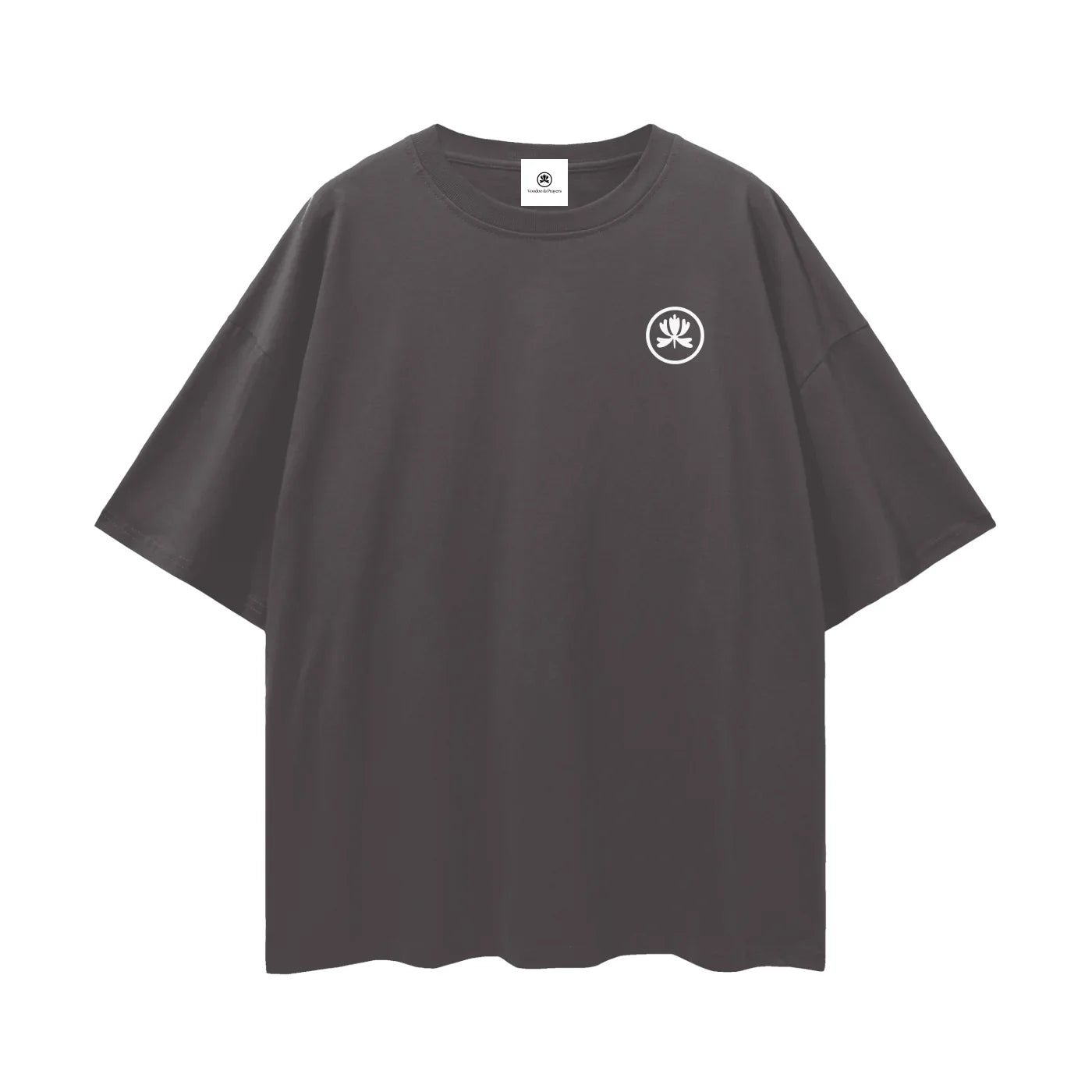 Black oversized t-shirt with white minimalist hand logo on chest, streetwear fashion
