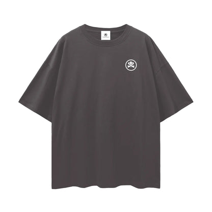 Black oversized t-shirt with white minimalist hand logo on chest, streetwear fashion