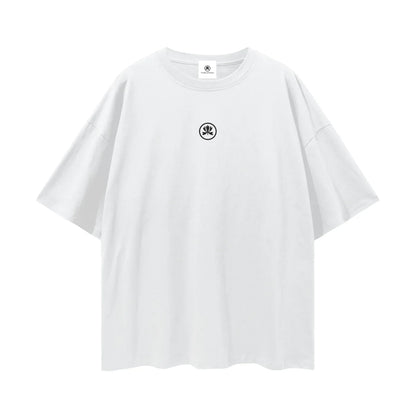 White oversized t-shirt with black abstract symbol on chest, streetwear fashion