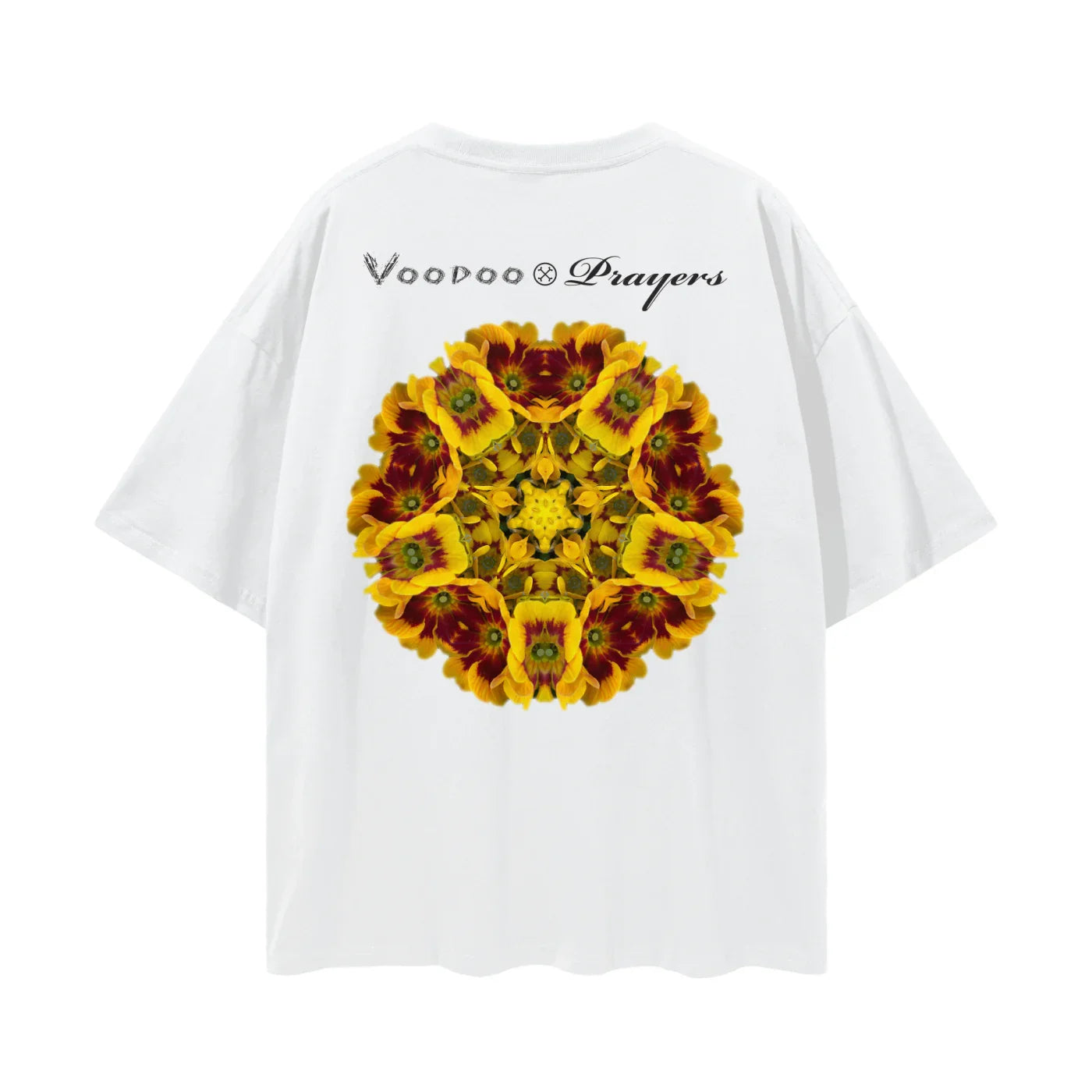 White oversized T-shirt with a kaleidoscope yellow flower pattern and 'Voodoo & Prayers' text on the back